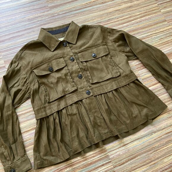 Anthropologie Maeve Utility Flounced Shirt Jacket Top Peplum Cargo Pockets Olive - Picture 3 of 10